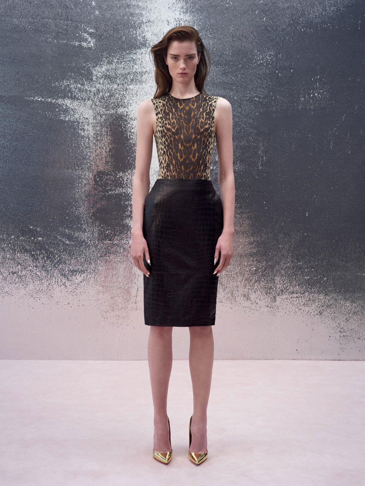 Alex Perry Resort 2026 Look 8 - Sleeveless Bodysuit in Stretch Mesh & Skirt in Embossed Leather