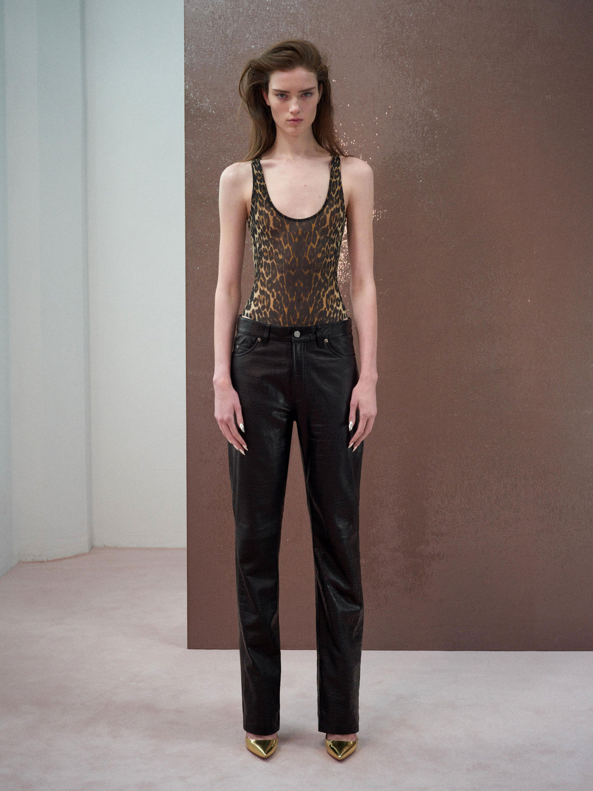 Alex Perry Resort 2026 Look 9 - Singlet Bodysuit in Stretch Mesh & Straight Cut Jean in Embossed Leather