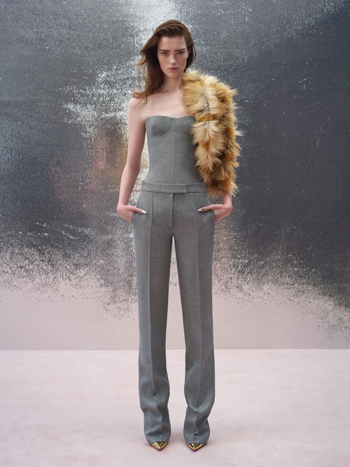 Alex Perry Resort 2026 Look 14 - Longline Corset in Wool Suiting, Straight Trouser in Wool Suiting & Collar in Faux Fur