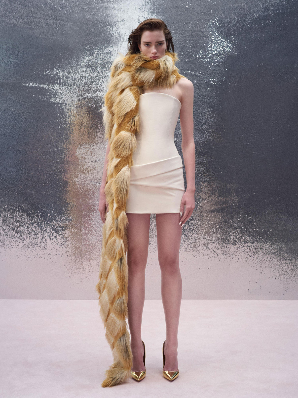 Alex Perry Resort 2026 Look 18 - Stole in Faux Fur & Strapless Drape Mini Dress in Leather