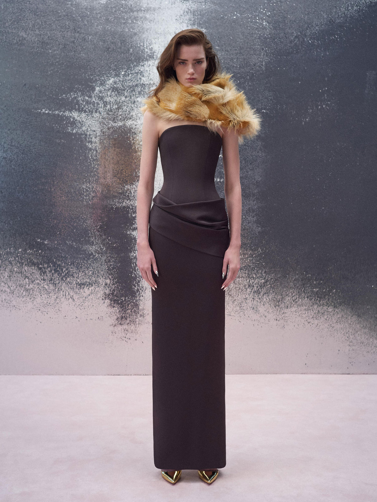 Alex Perry Resort 2026 Look 29 - Strapless Drape Gown in Satin Crepe & Collar in Faux Fur