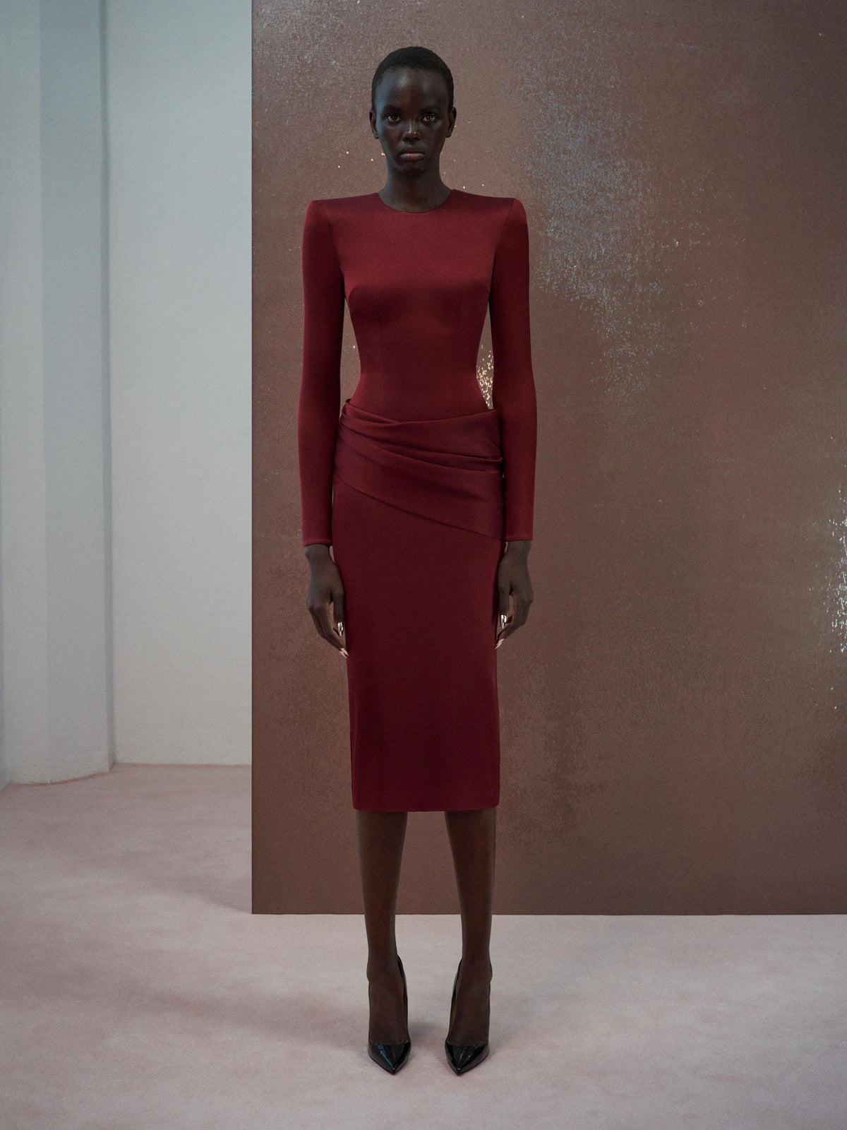 Alex Perry Resort 2026 Look 31 - Long Sleeve Drape Dress in Satin Crepe