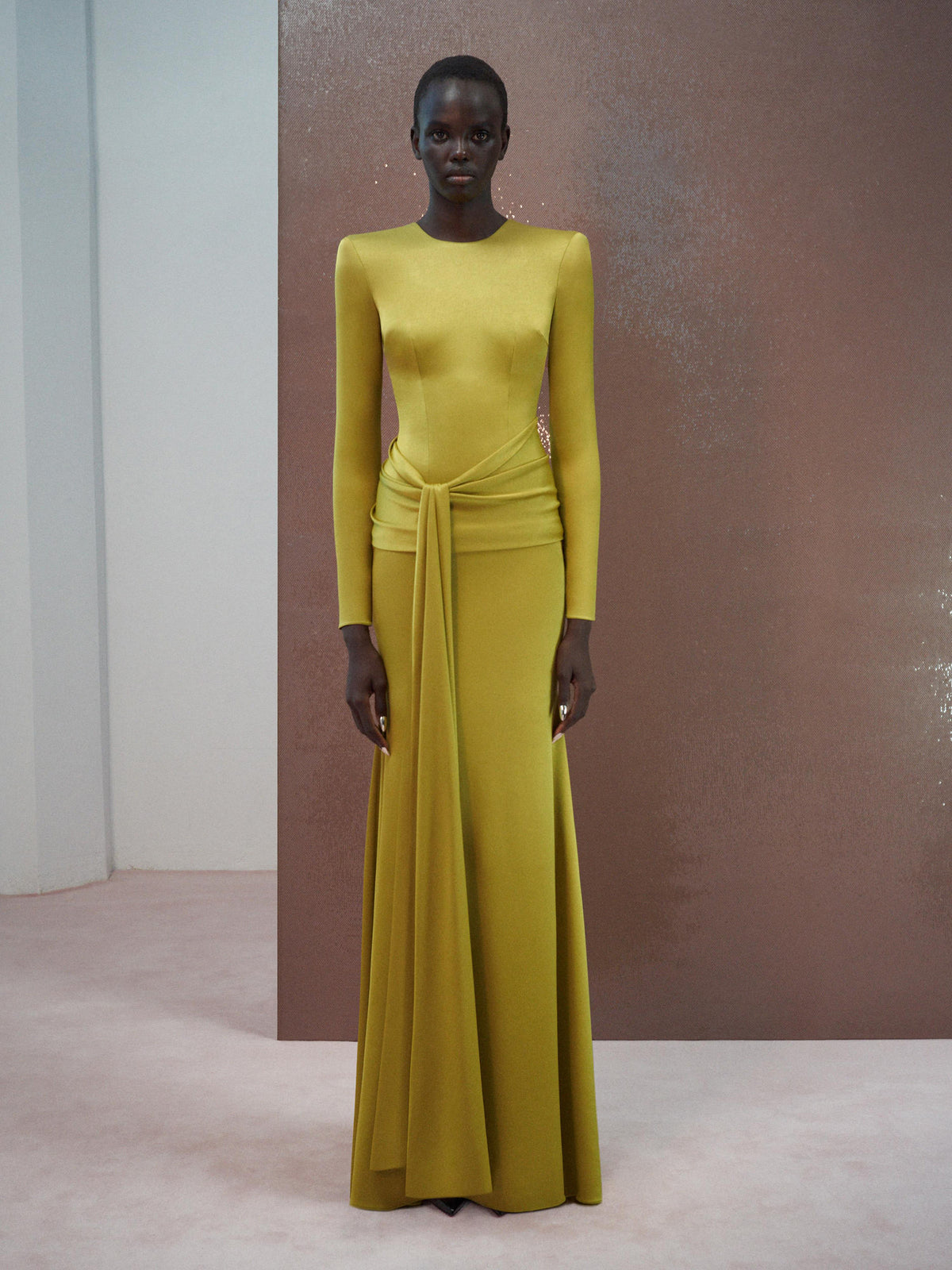 Alex Perry Resort 2026 Look 33 - Long Sleeve Sash Drape Gown in Satin Crepe