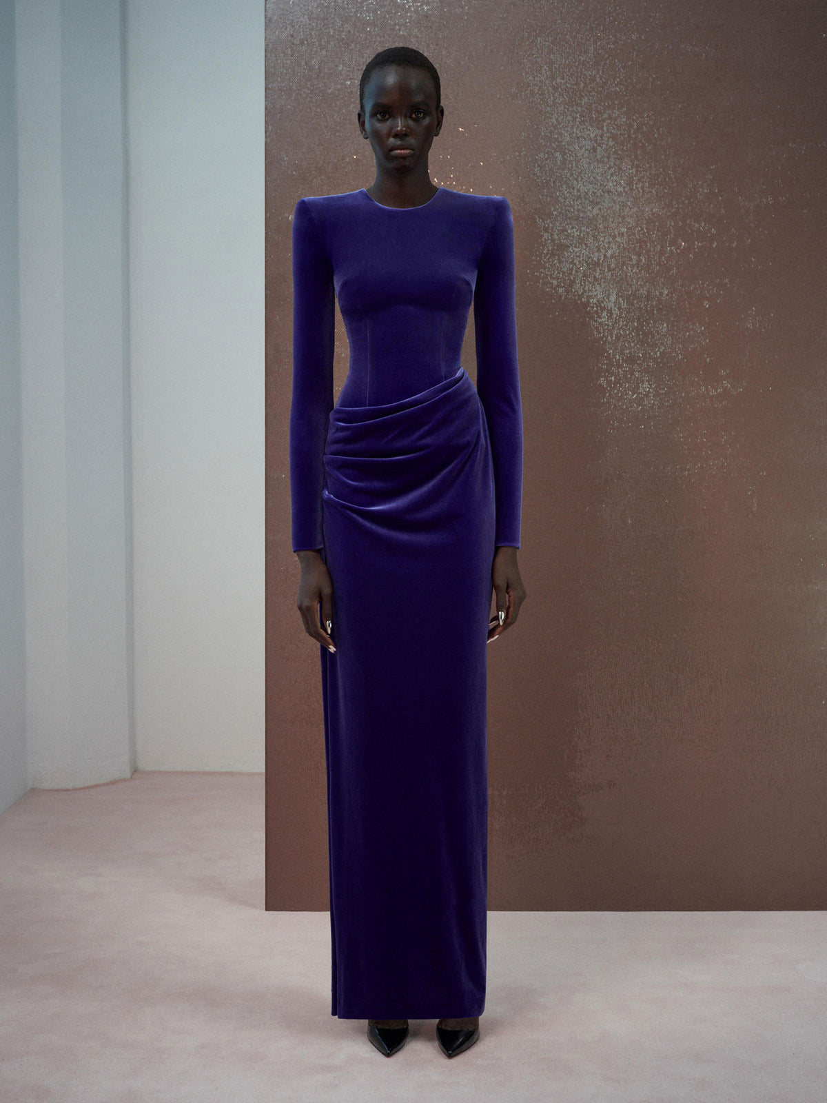 Alex Perry Resort 2026 Look 41 - Long Sleeve Drape Column in Velvet