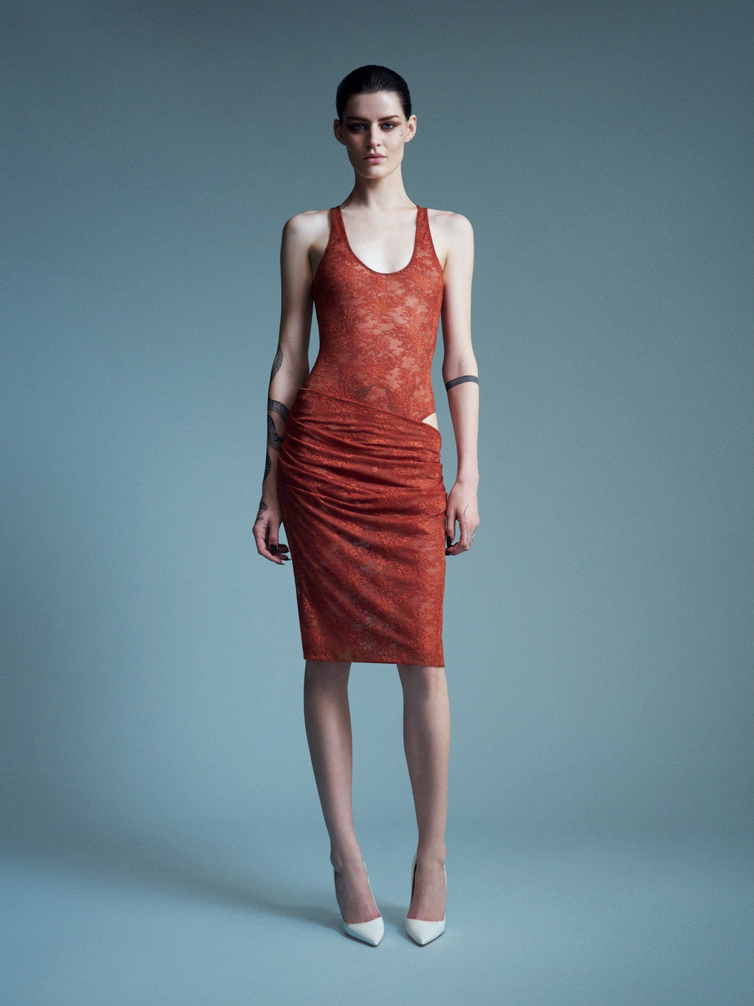Alex Perry Resort 2027 Look 4 — Singlet Bodysuit in Stretch Lace & Tucked Skirt in Stretch Lace