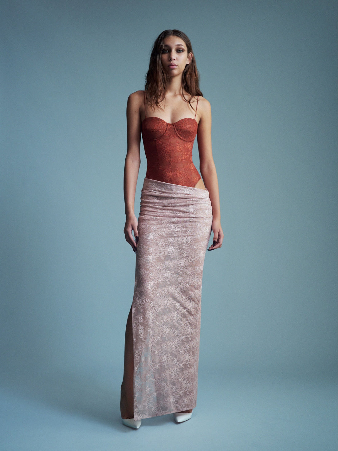 Alex Perry Resort 2027 Look 8 — Cupped Bodysuit in Stretch Lace & Tucked Column Skirt in Stretch Lace