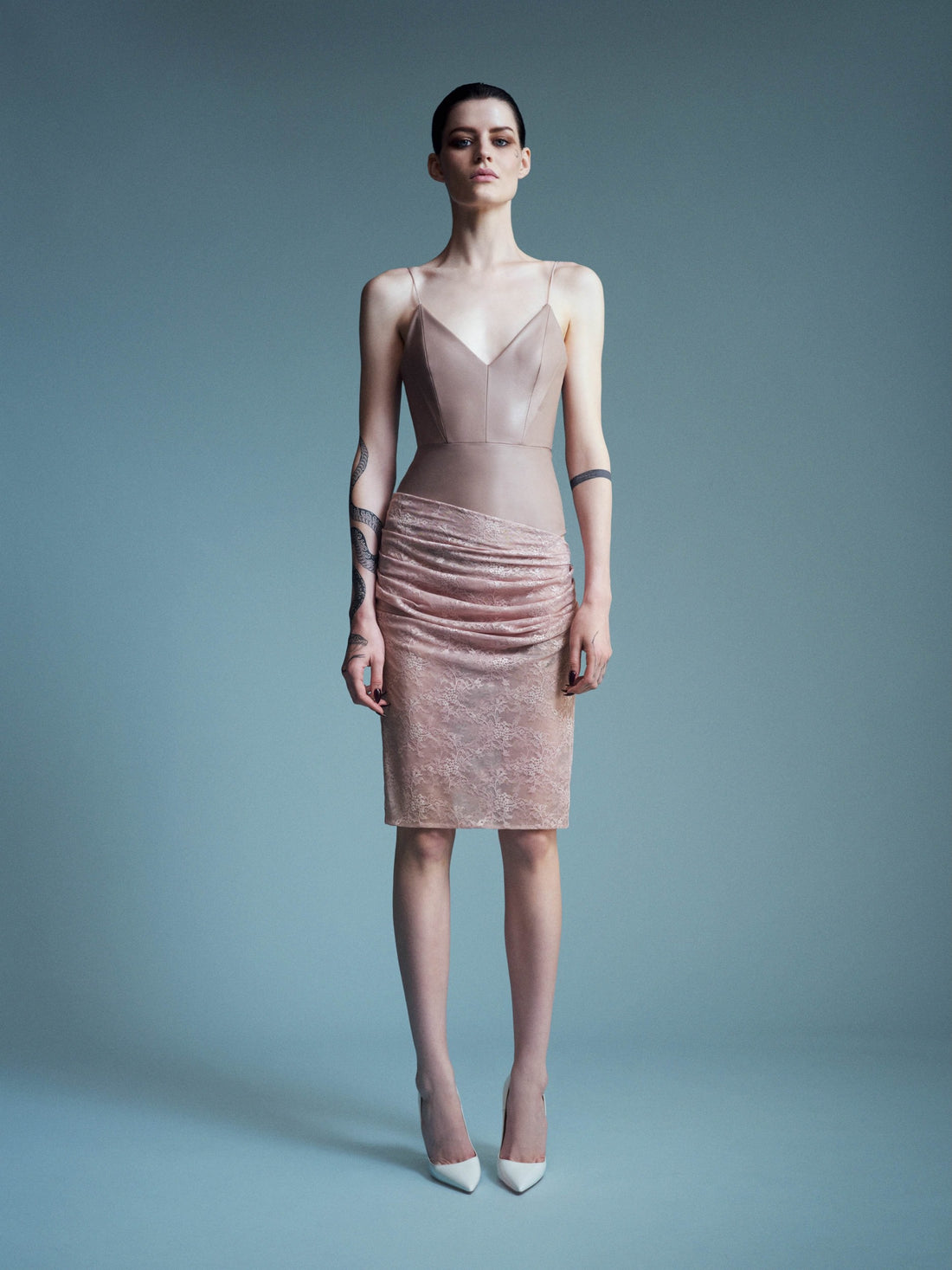 Alex Perry Resort 2027 Look 13 — Bikini Bodysuit in Leather & Tucked Skirt in Stretch Lace