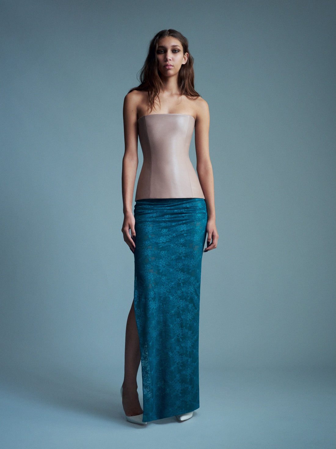 Alex Perry Resort 2027 Look 15 — Strapless Longline Corset in Leather & Tucked Column Skirt in Stretch Lace