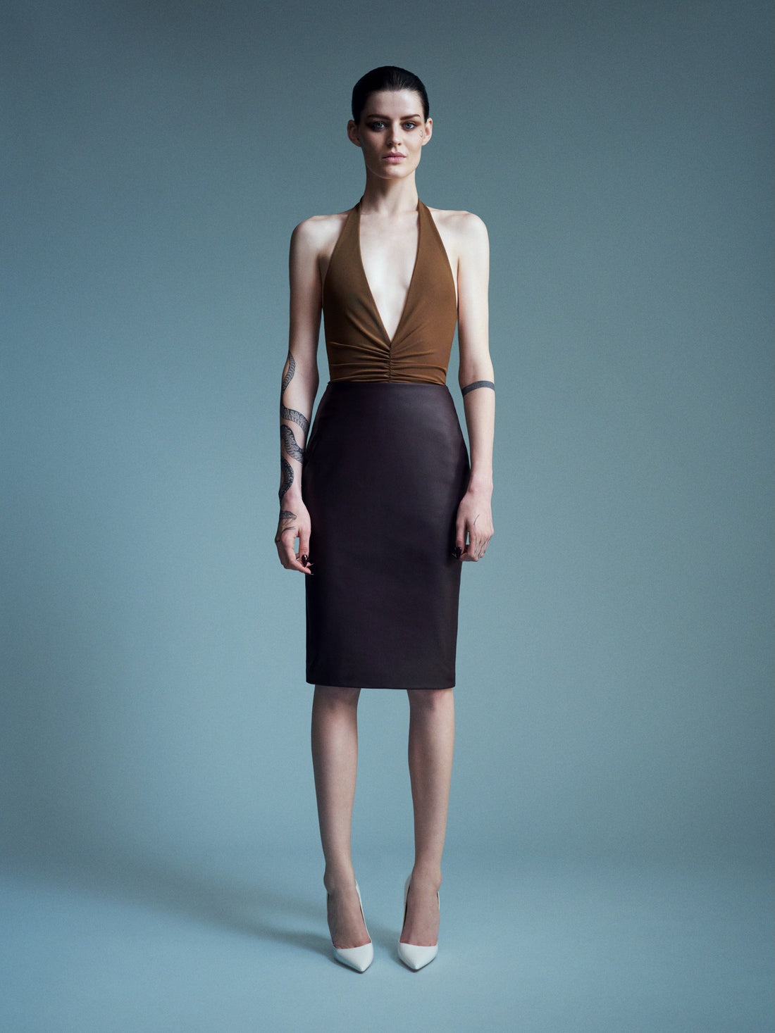 Alex Perry Resort 2027 Look 18 — Halter Ruched Bodysuit in Stretch Mesh & Skirt in Leather