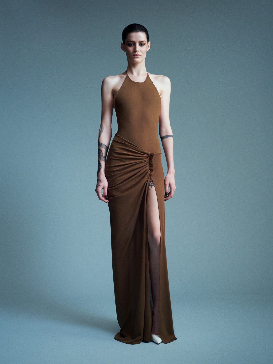 Alex Perry Resort 2027 Look 20 — Halter Bodysuit in Stretch Mesh & Ruched Skirt in Stretch Mesh