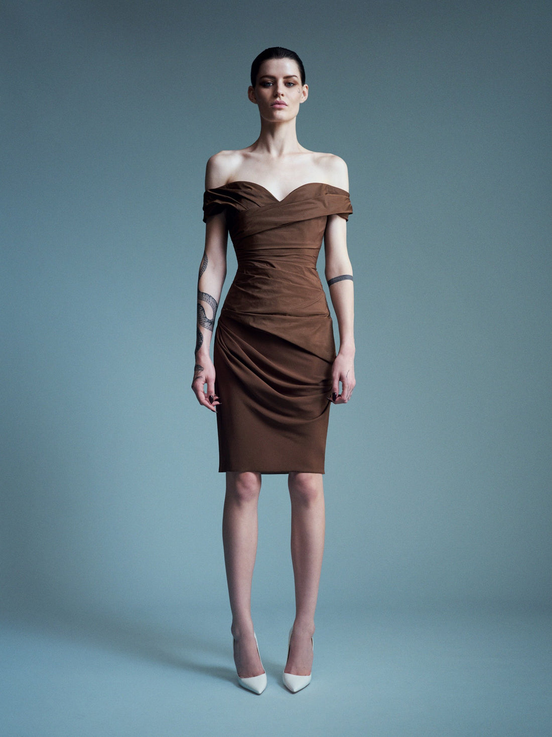 Alex Perry Resort 2027 Look 31 — Off Shoulder Tucked Dress in Taffeta Georgette
