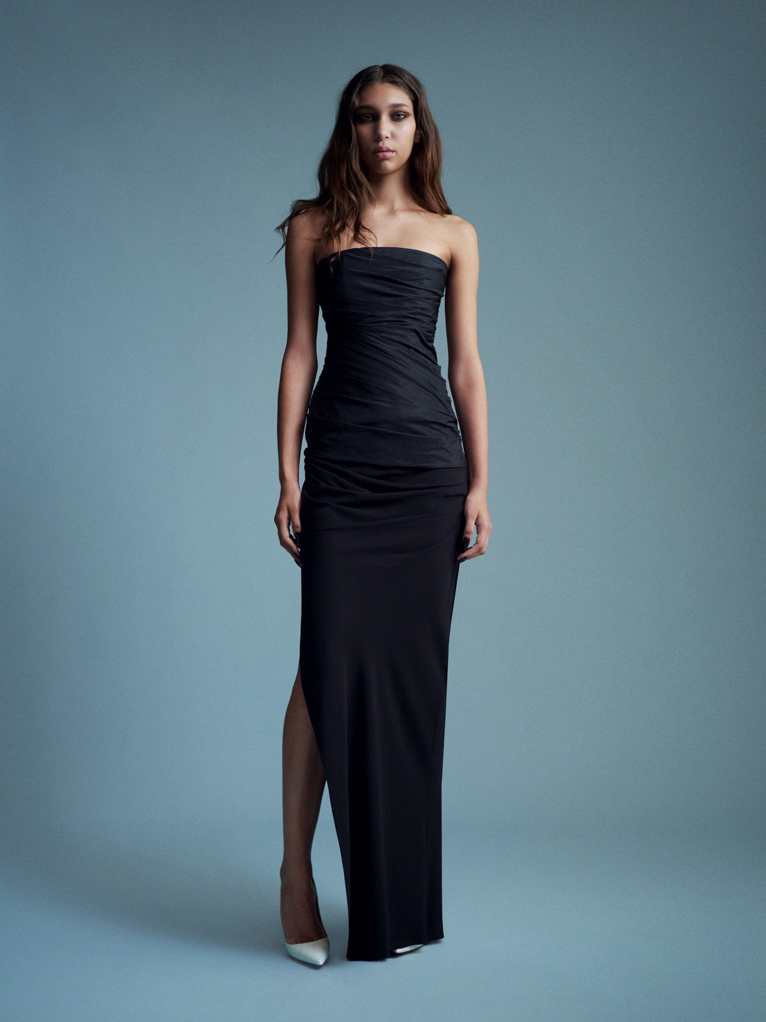 Alex Perry Resort 2027 Look 32 — Strapless Tucked Column in Taffeta Georgette