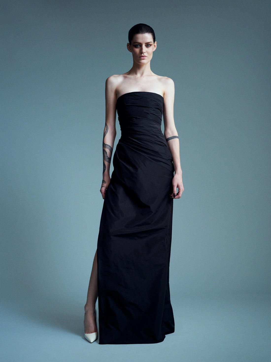 Alex Perry Resort 2027 Look 33 — Strapless Tucked Split Gown in Taffeta