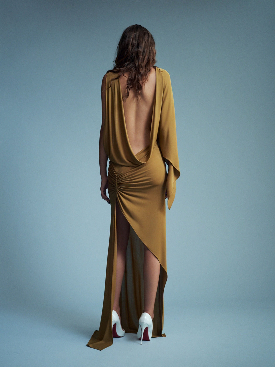 Alex Perry Resort 2027 Look 36 — One Shoulder Cape Gown in Dry Jersey