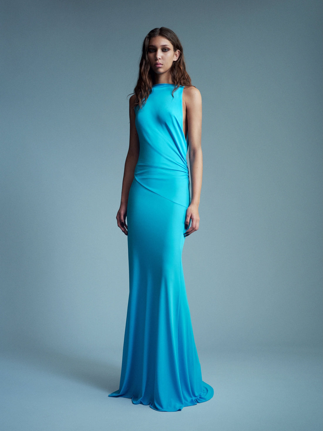 Alex Perry Resort 2027 Look 37 — Open Back Drape Gown in Dry Jersey