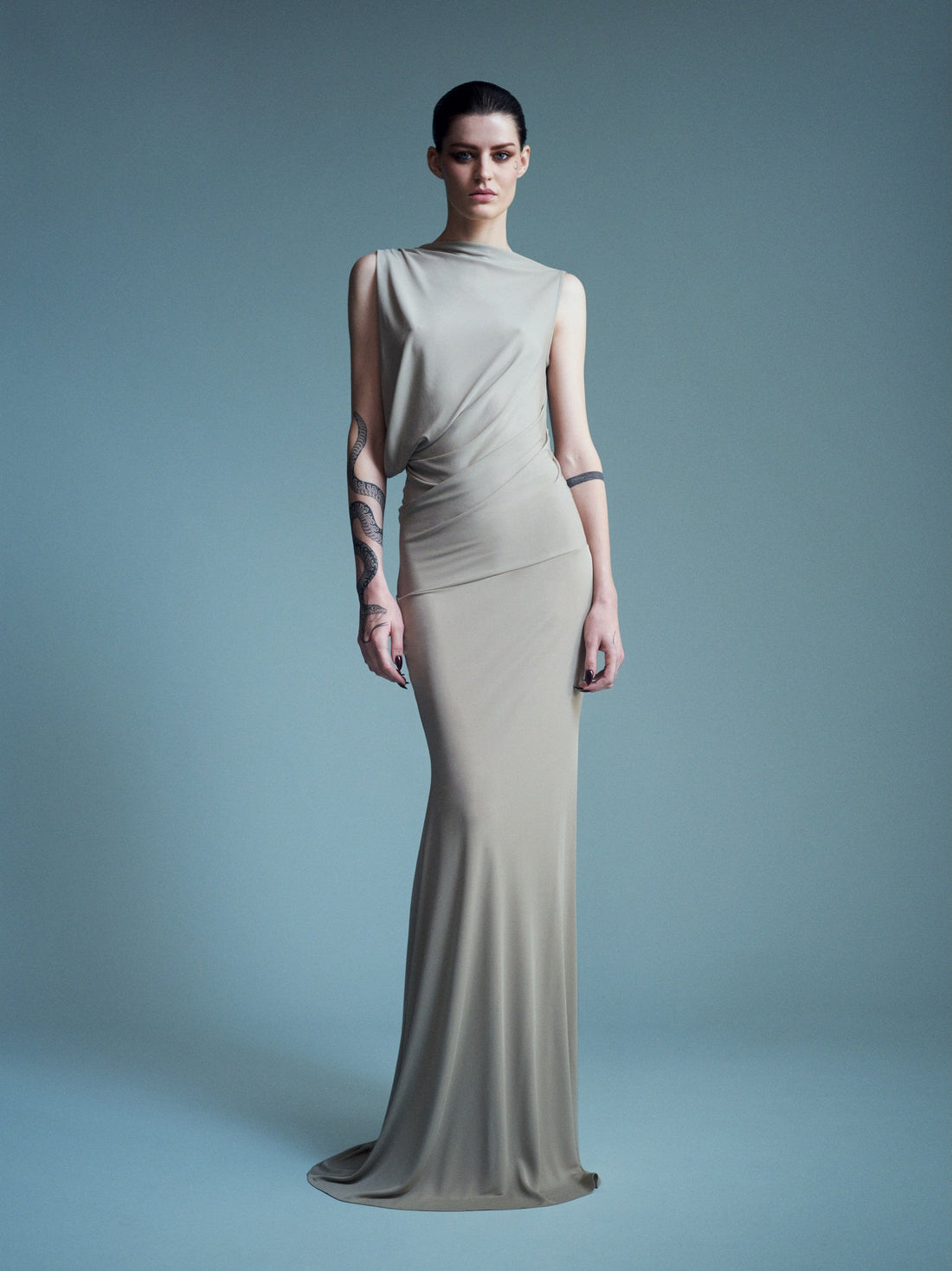 Alex Perry Resort 2027 Look 39 — Sleeveless Draped Gown in Dry Jersey
