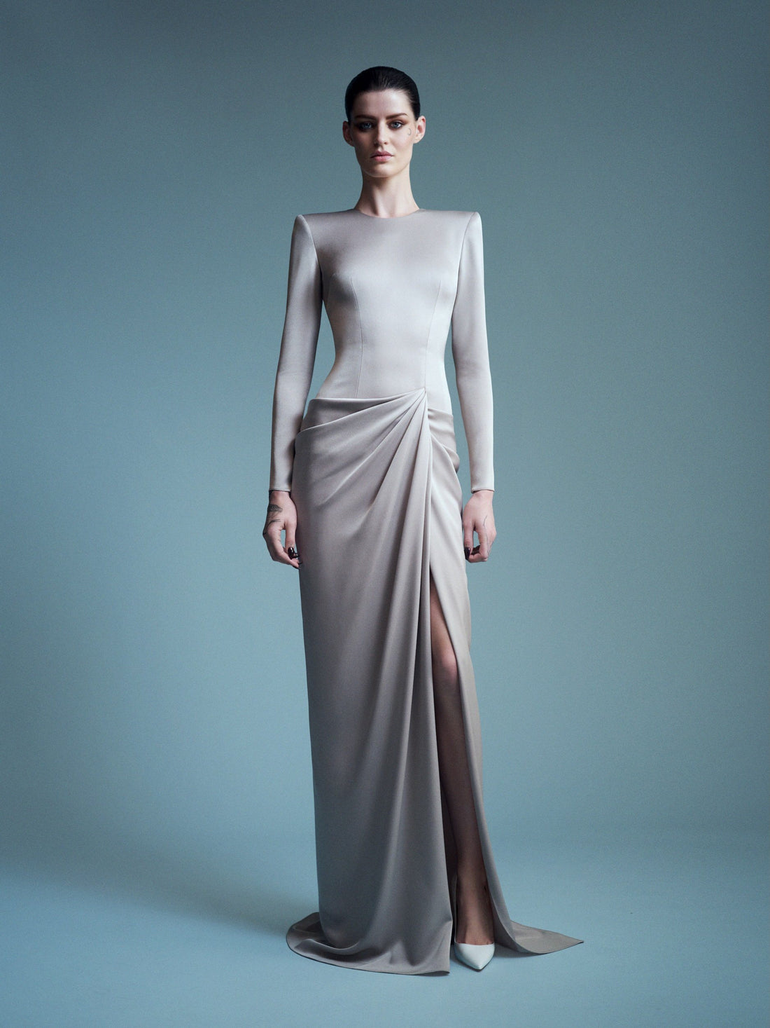Alex Perry Resort 2027 Look 43 — Long Sleeve Draped Gown in Satin Crepe