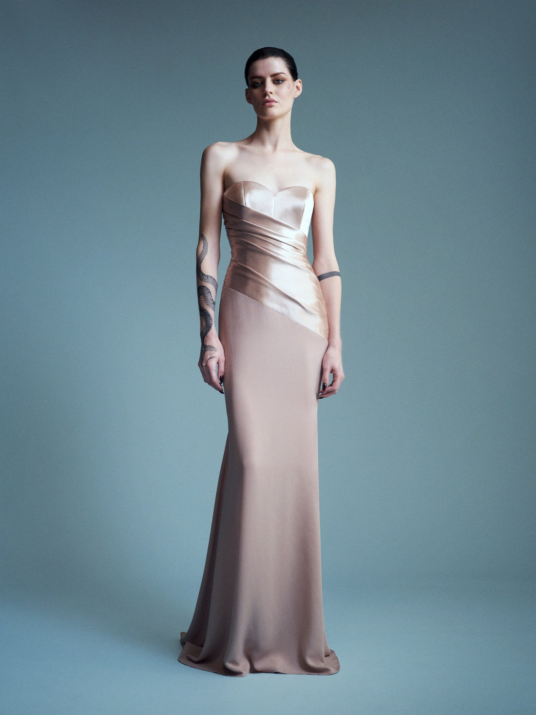 Alex Perry Resort 2027 Look 52 — Sweetheart Draped Gown in Duchess Satin Georgette