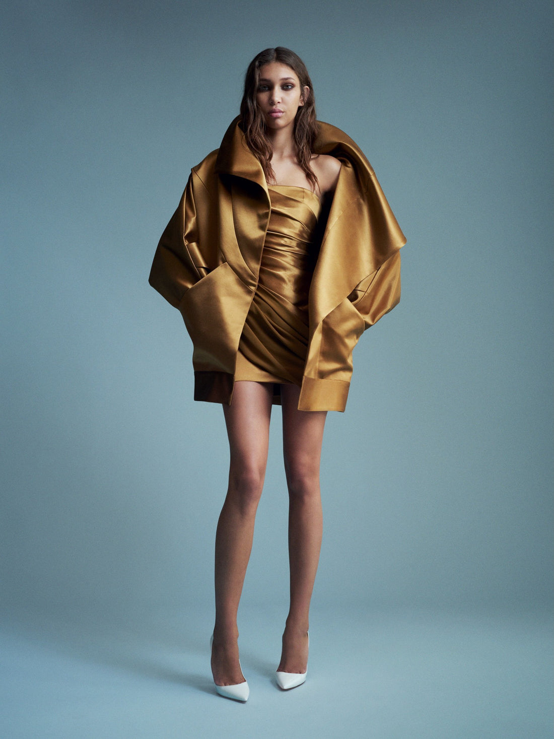 Alex Perry Resort 2027 Look 57 — Wrap Jacket in Duchess Satin & Strapless Draped Mini Dress in Duchess Satin Georgette