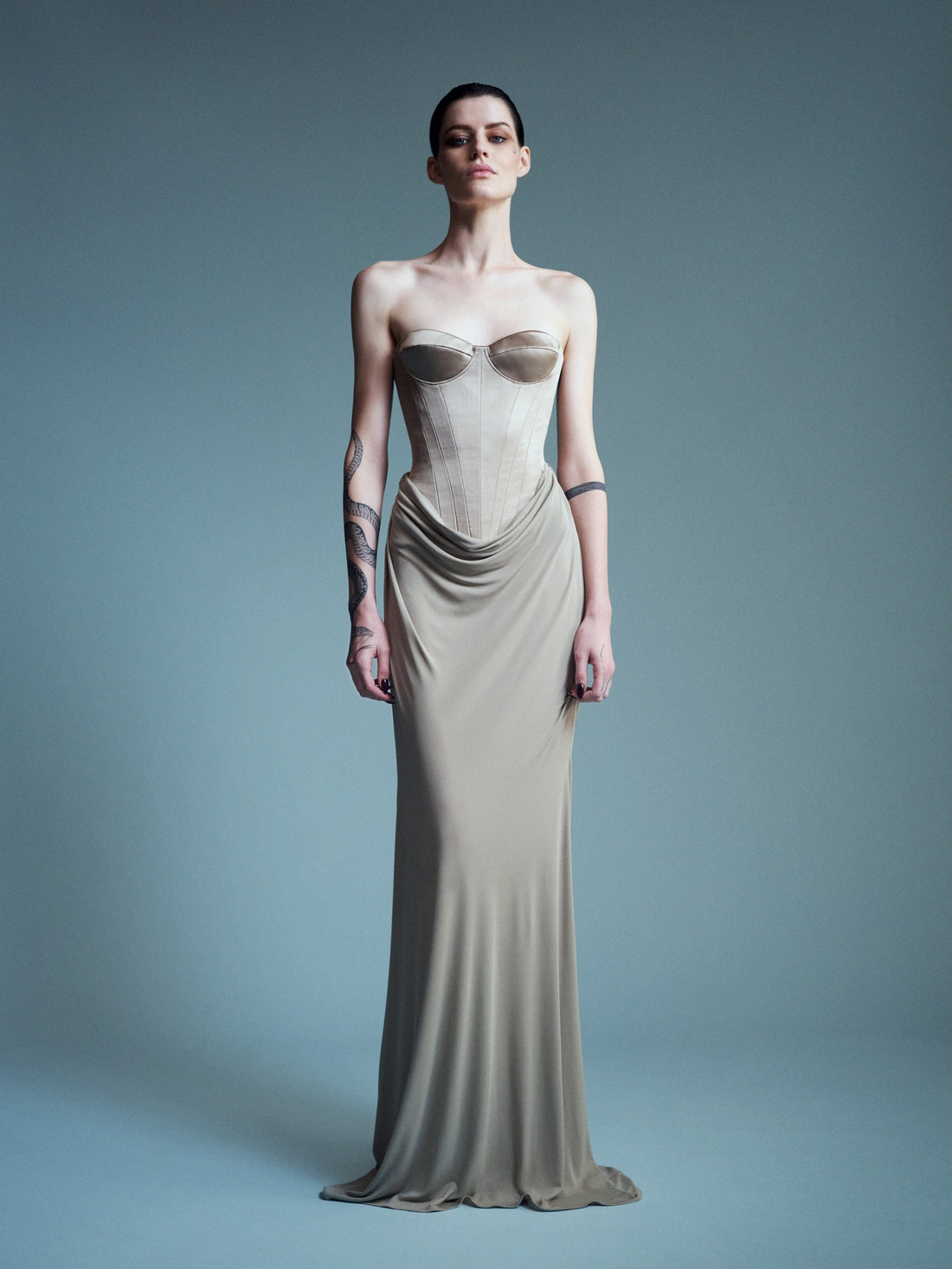 Alex Perry Resort 2027 Look 60 — Strapless Cupped Drape Gown in Duchess Satin Jersey