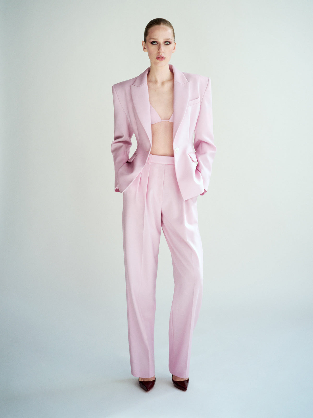 Alex Perry Spring Summer 2026 Look 5 - Single Breasted Contour Blazer in Wool Suiting, Bikini Top in Wool Suiting…