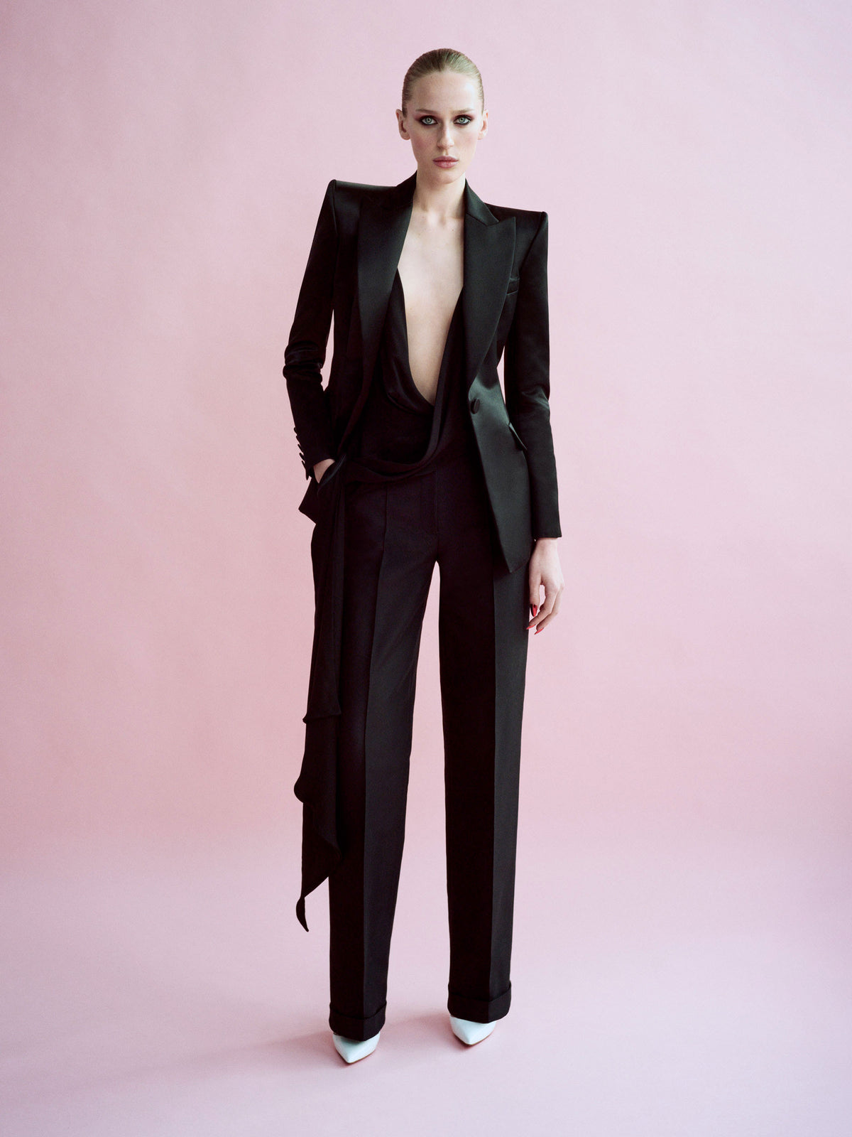Alex Perry Spring Summer 2026 Look 10 - Single Breasted Fitted Blazer in Duchess Satin, Bikini Wrap Top in Silk Georgette…