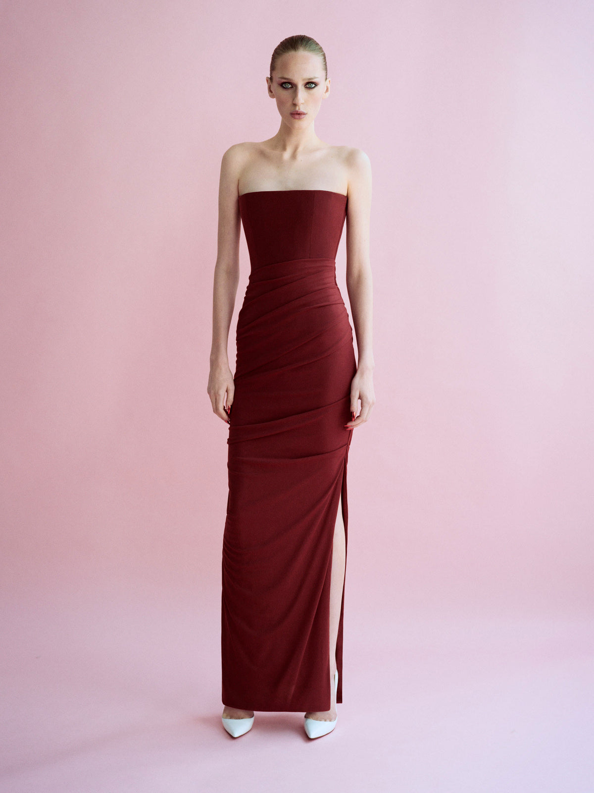 Alex Perry Spring Summer 2026 Look 15 - Strapless Tucked Column in Stretch Mesh