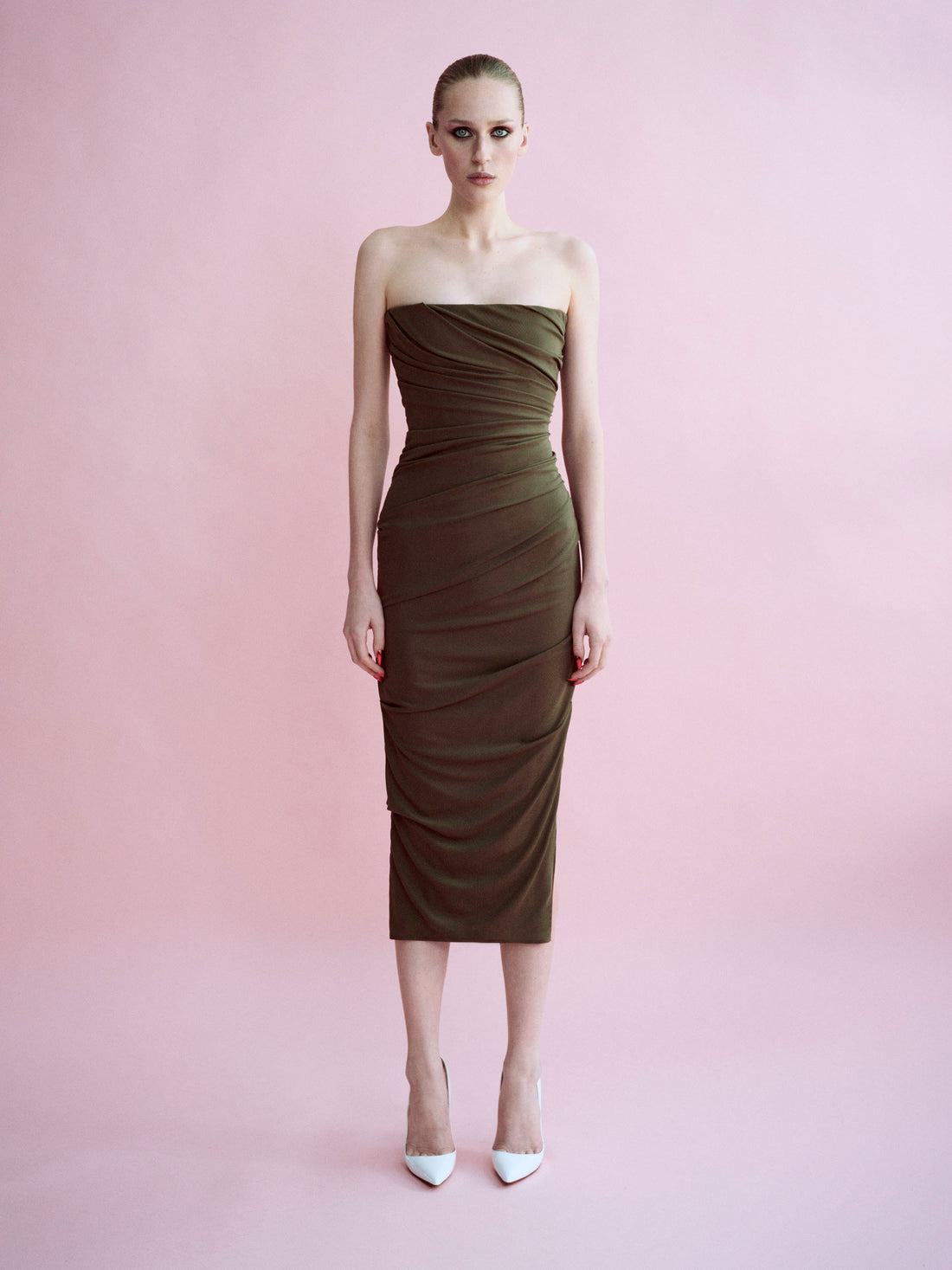 Alex Perry Spring Summer 2026 Look 19 — Strapless Tucked Dress in Stretch Mesh