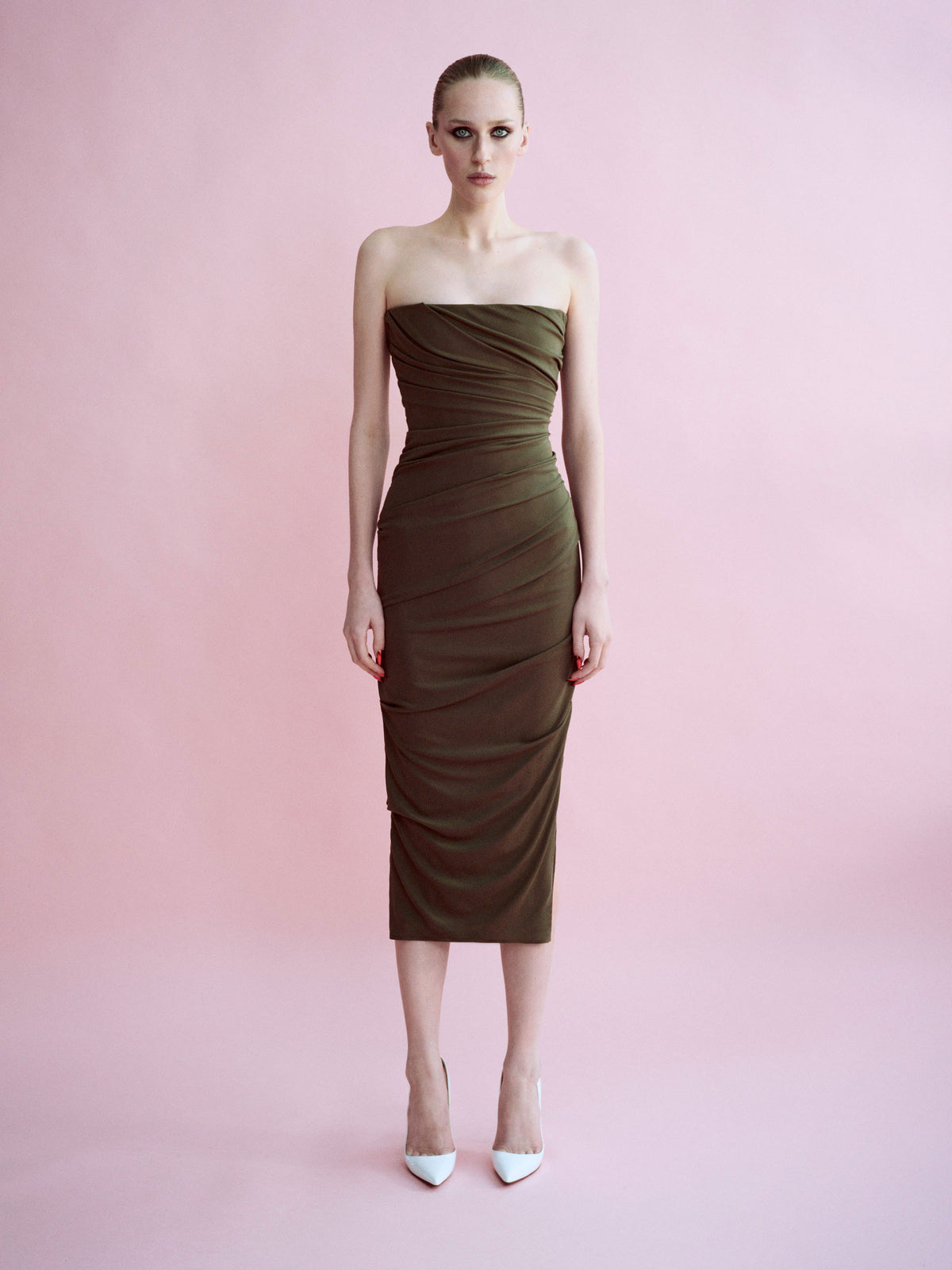 Alex Perry Spring Summer 2026 Look 19 - Strapless Tucked Dress in Stretch Mesh