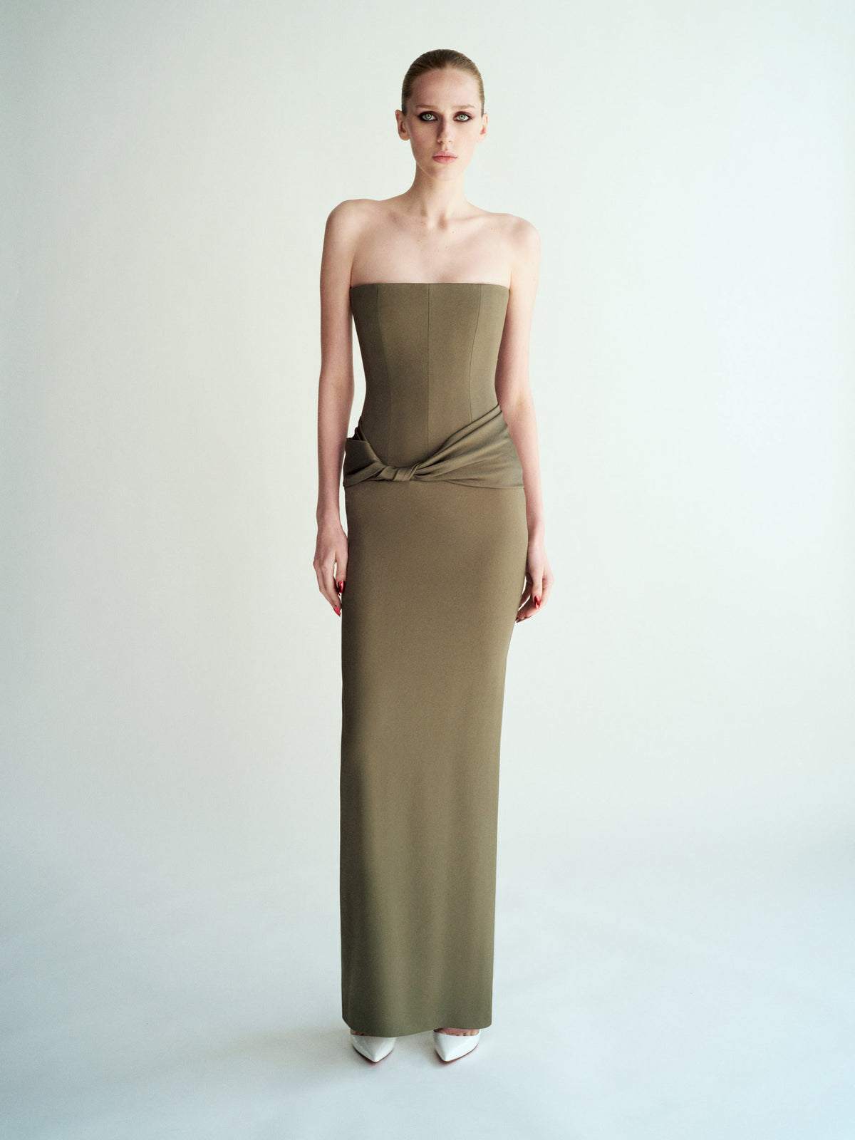 Alex Perry Spring Summer 2026 Look 22 - Strapless Twist Drape Column in Satin Crepe