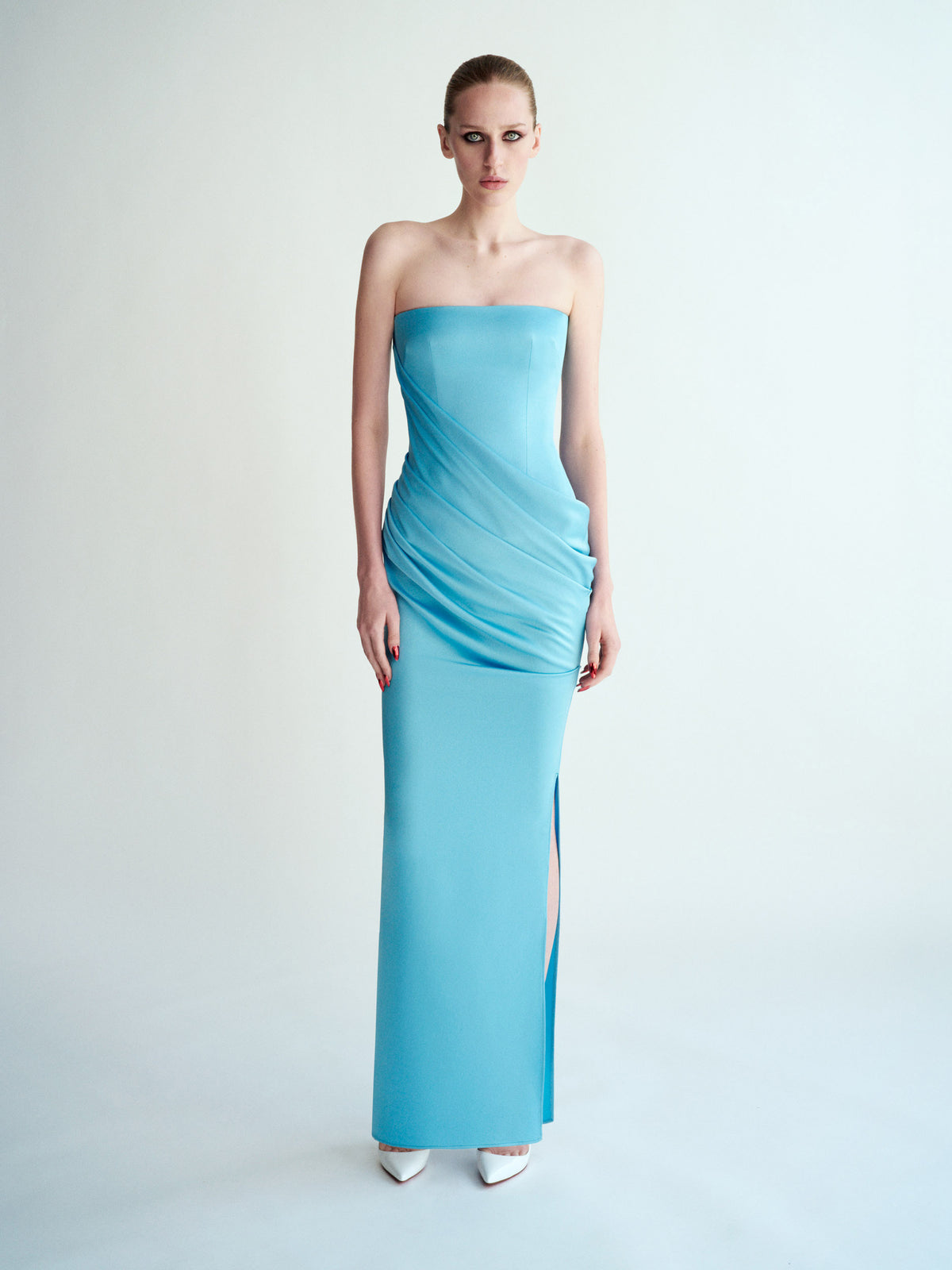 Alex Perry Spring Summer 2026 Look 23 - Strapless Drape Longline Column in Satin Crepe
