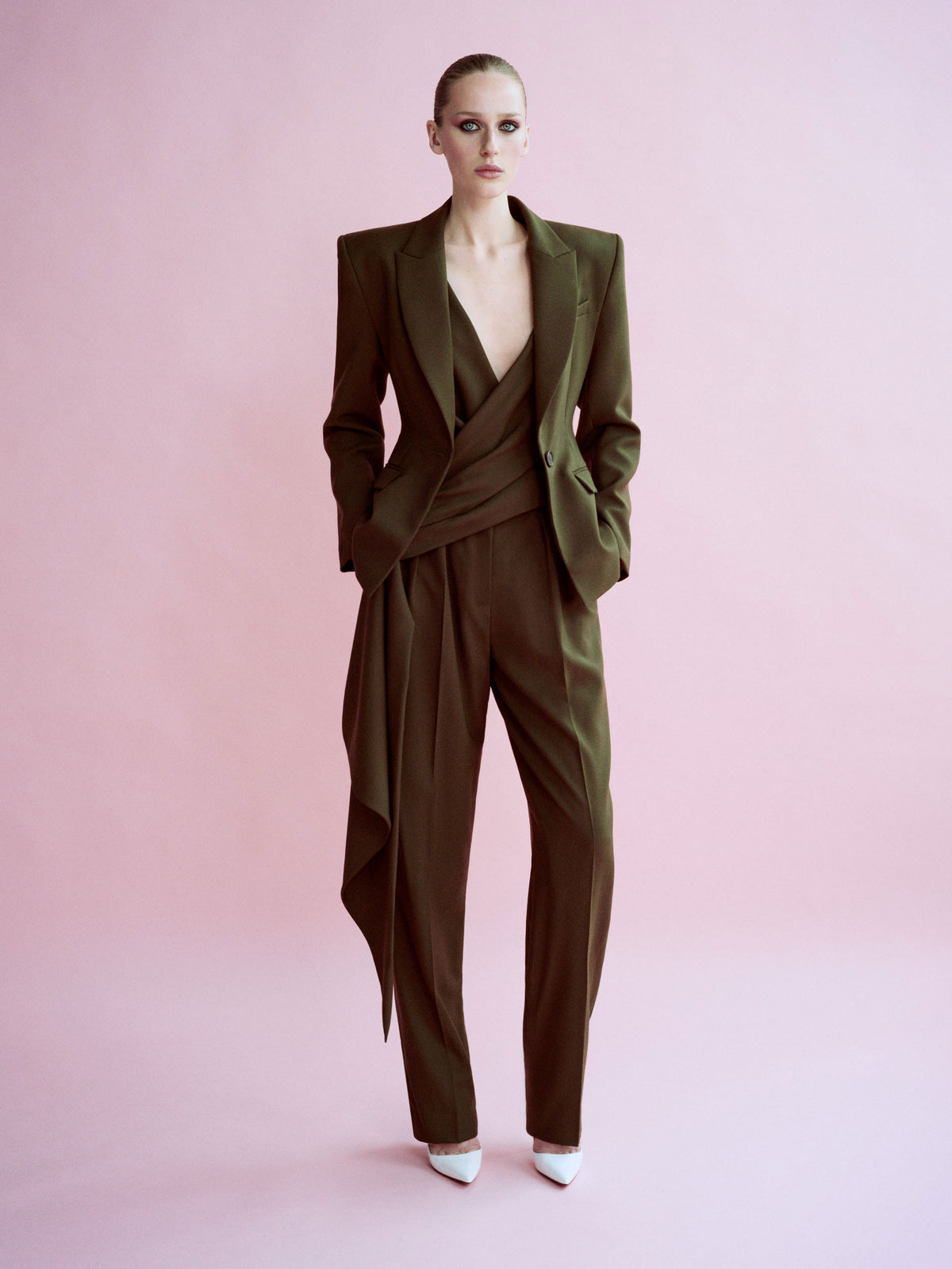 Alex Perry Spring Summer 2026 Look 4 - Single Breasted Contour Blazer in Wool Suiting, Bikini Wrap Top in Wool Suiting…