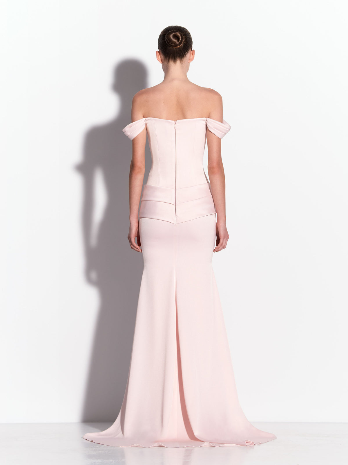 Off Shoulder Drape Gown in Satin Crepe
