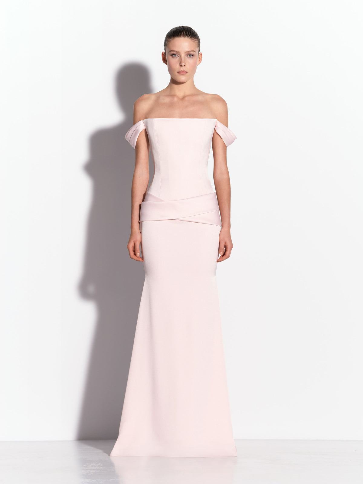 Off Shoulder Drape Gown in Satin Crepe