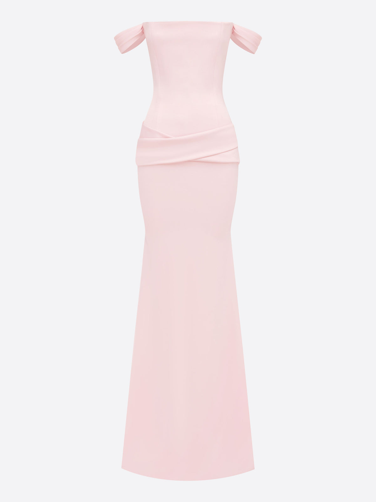 Off Shoulder Drape Gown in Satin Crepe