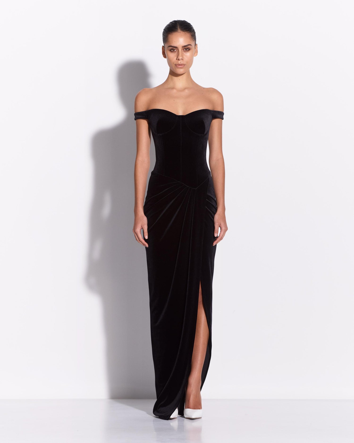Off Shoulder Drape Gown in Velvet 16 / Black Off Shoulder Drape Gown in Velvet 16 / Black