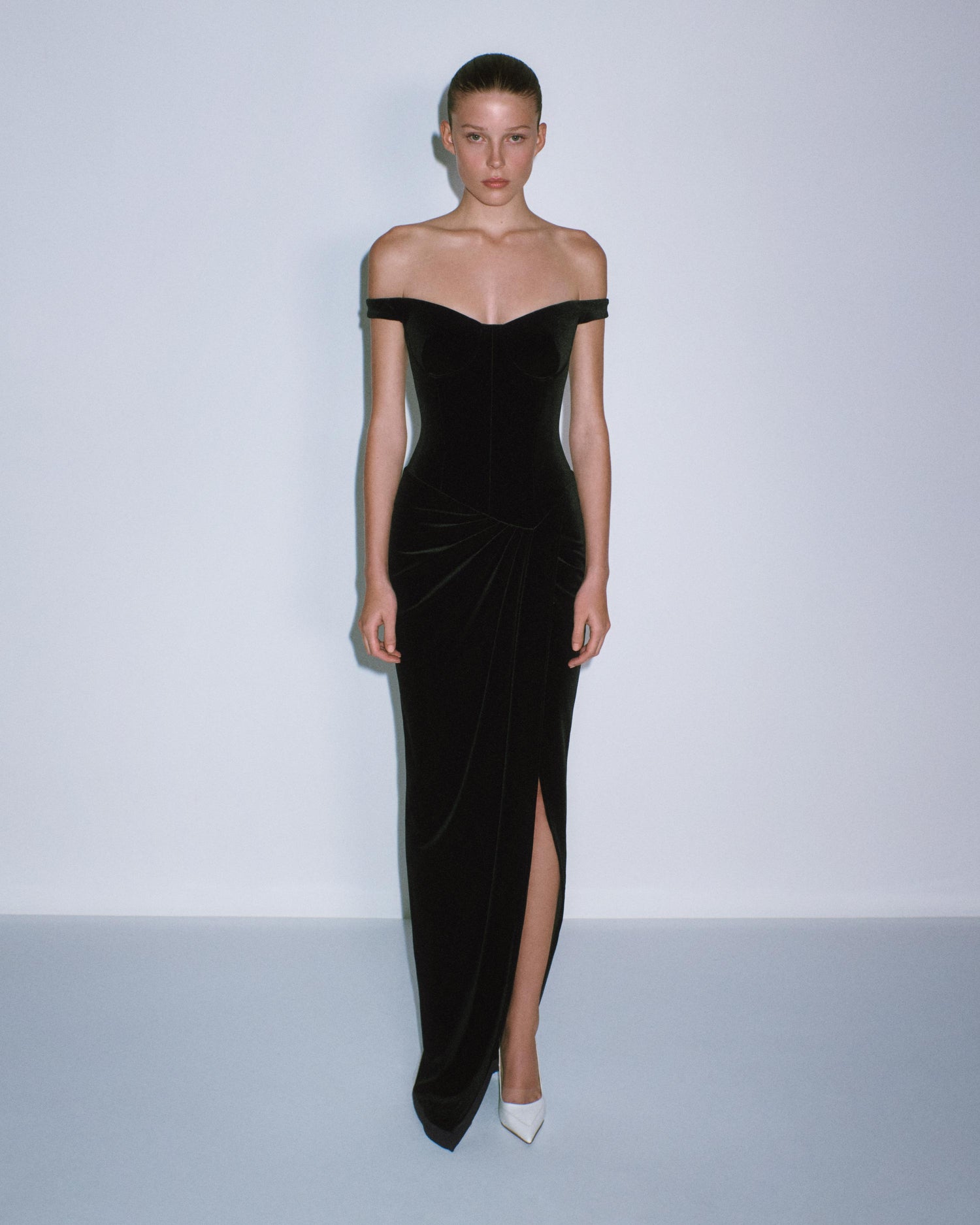 Off Shoulder Drape Gown in Velvet