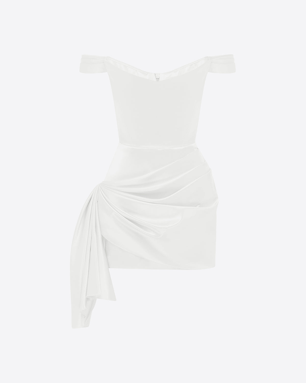Off Shoulder Draped Mini Dress in Duchess Satin