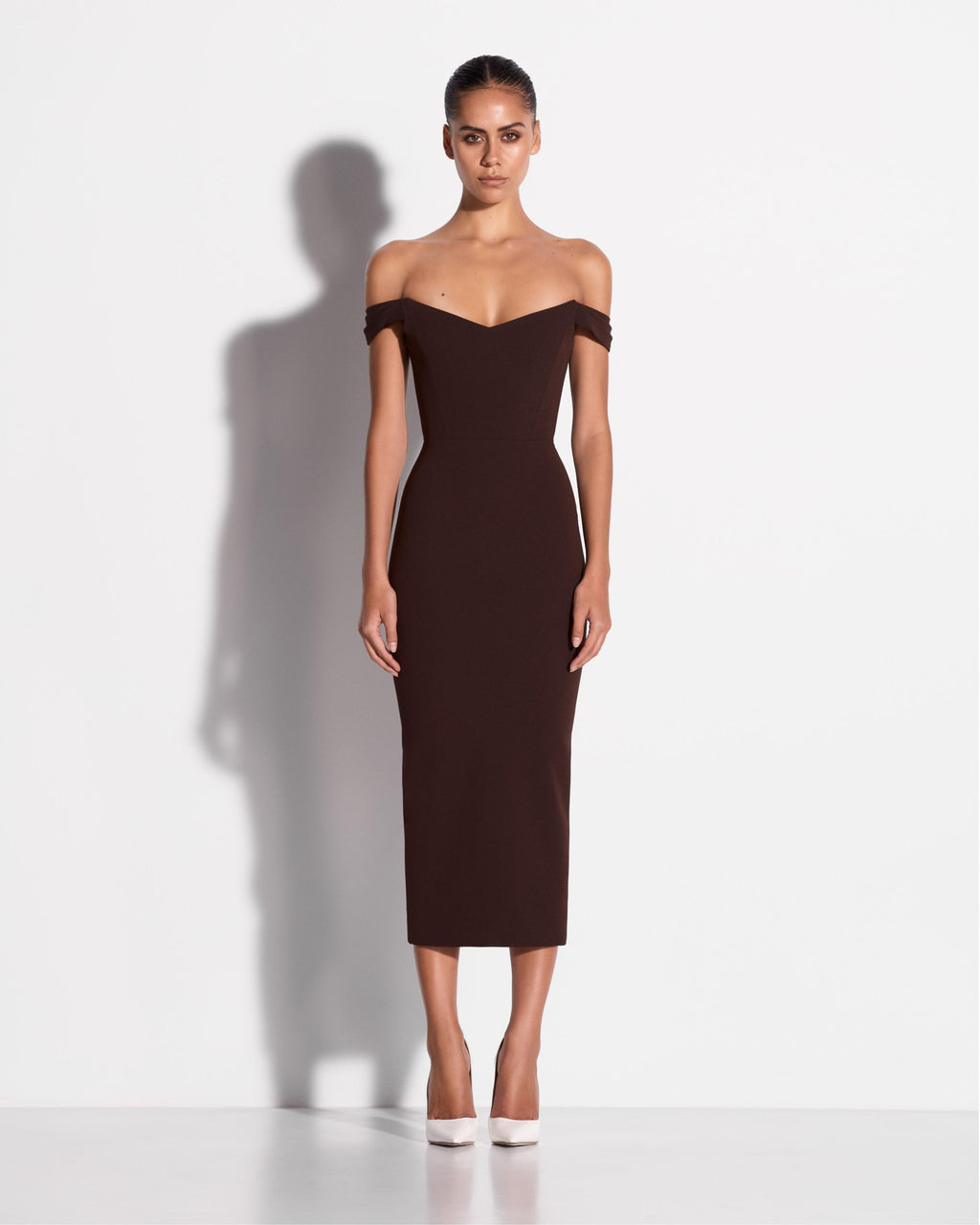 Off Shoulder Dress in Stretch Crepe