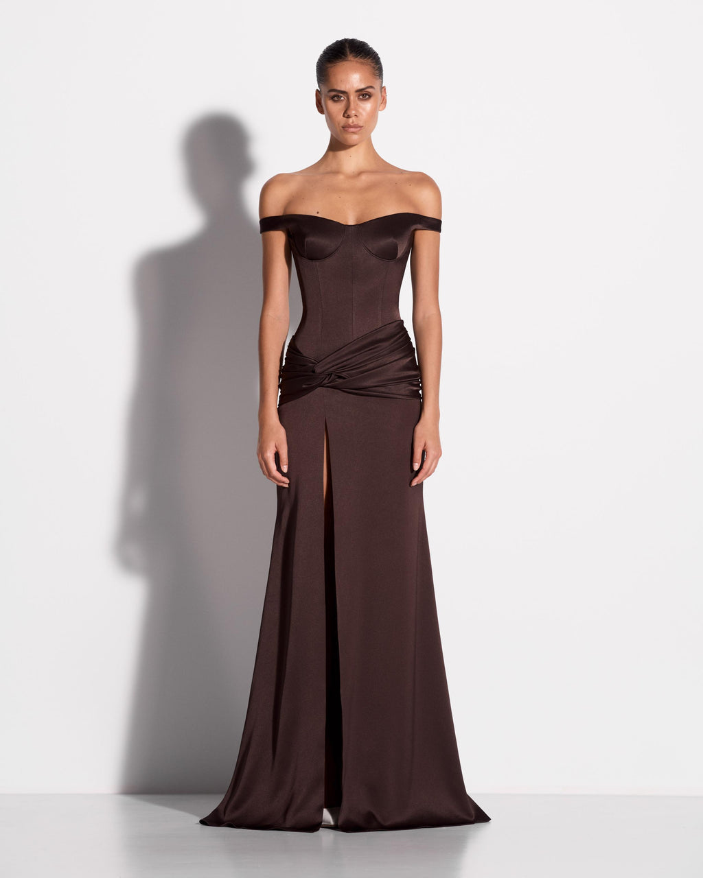 Off Shoulder Knot Gown in Satin Crepe