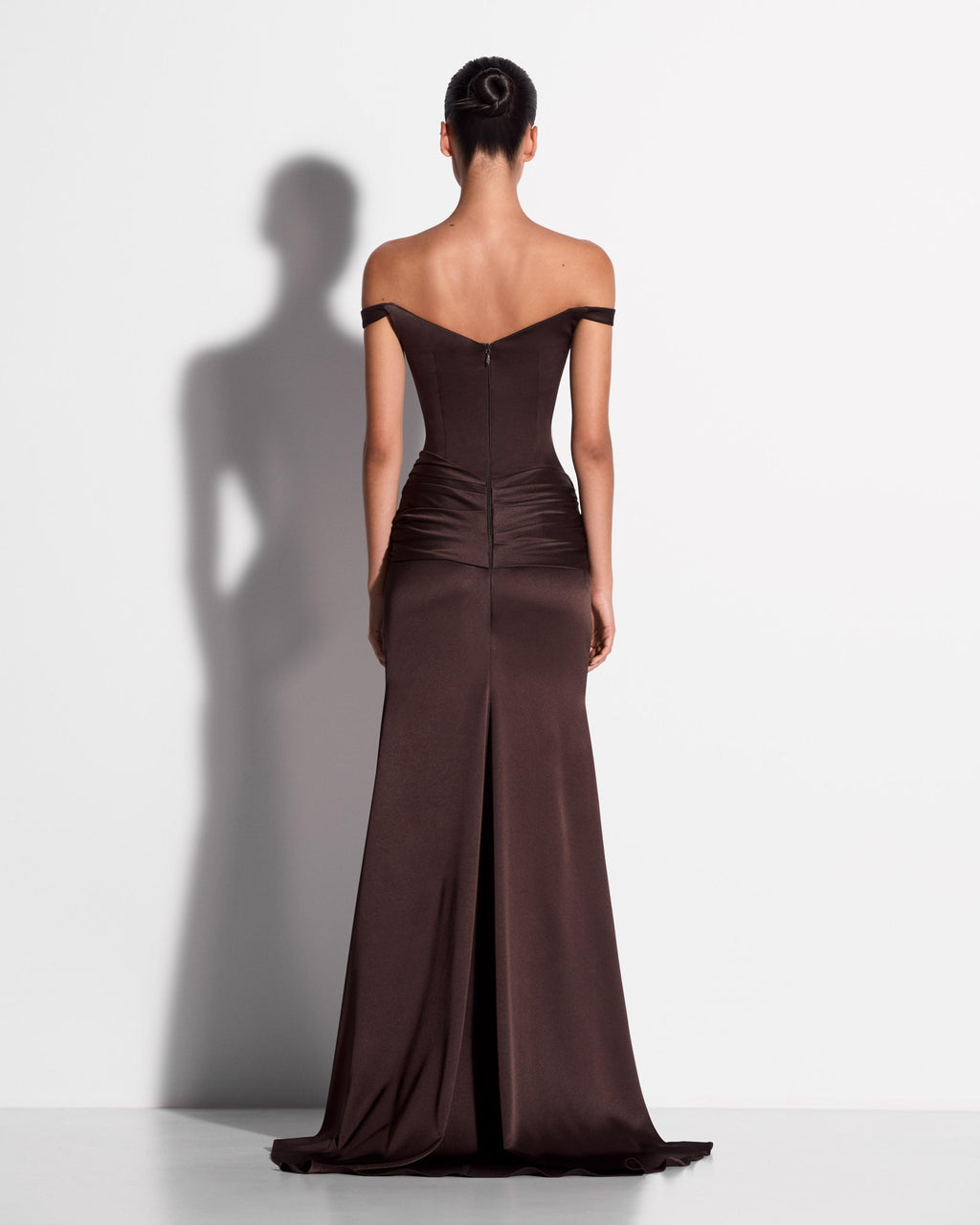 Off Shoulder Knot Gown in Satin Crepe