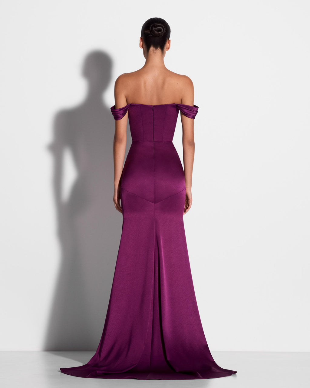 Off Shoulder Panelled Gown in Satin Crepe