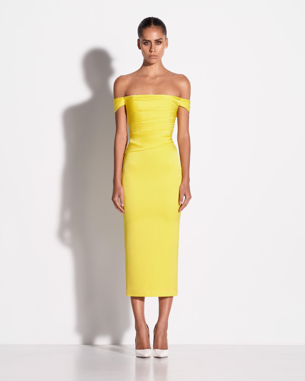Off Shoulder Tucked Dress in Satin Crepe