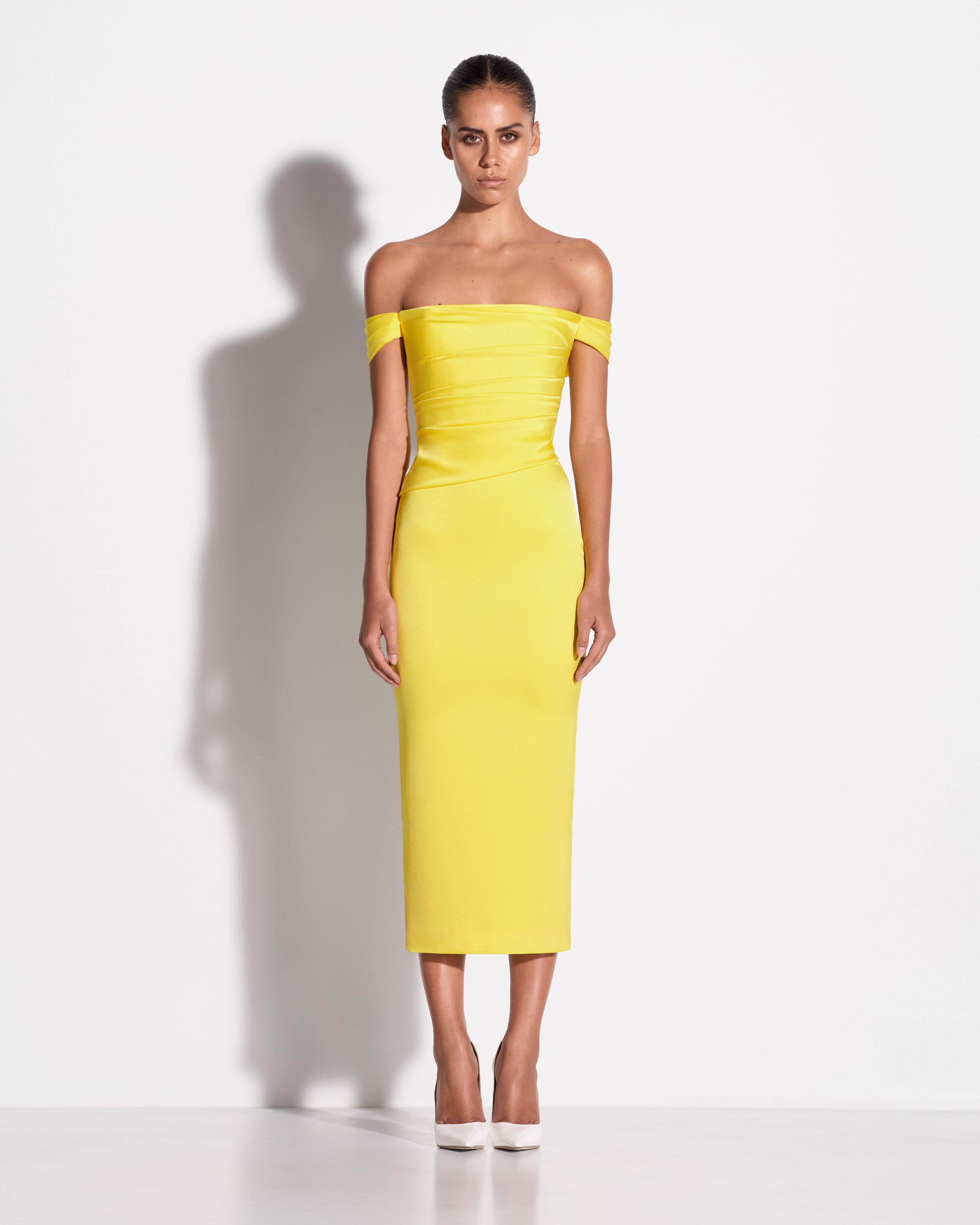 Off Shoulder Tucked Dress in Satin Crepe