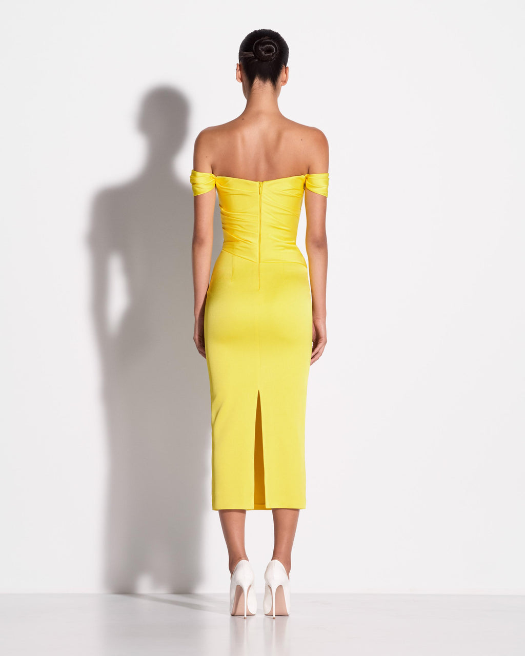 Off Shoulder Tucked Dress in Satin Crepe