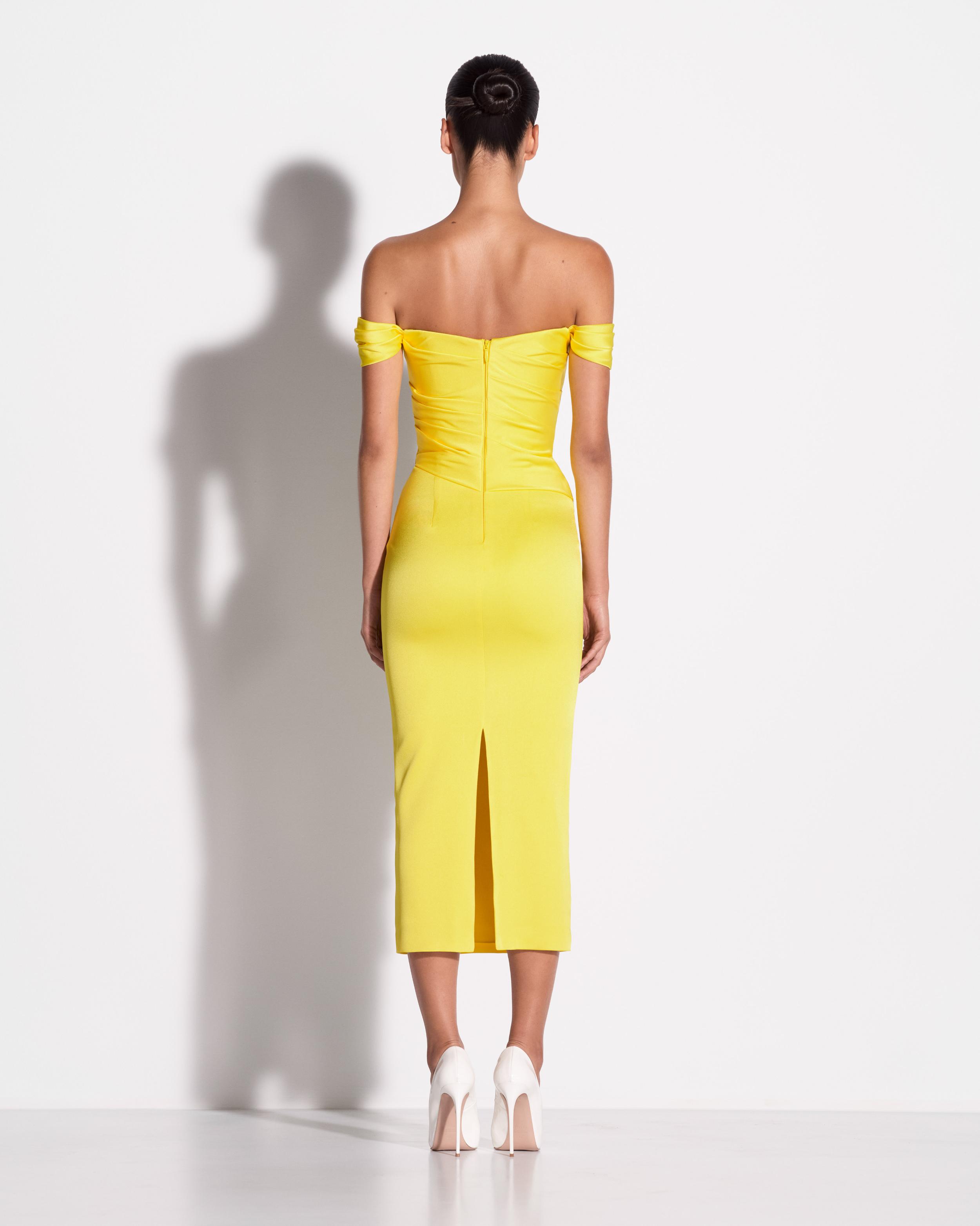 Off Shoulder Tucked Dress in Satin Crepe