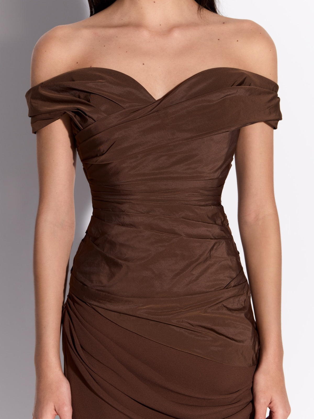 Off shoulder Tucked Dress in Taffeta & Georgette