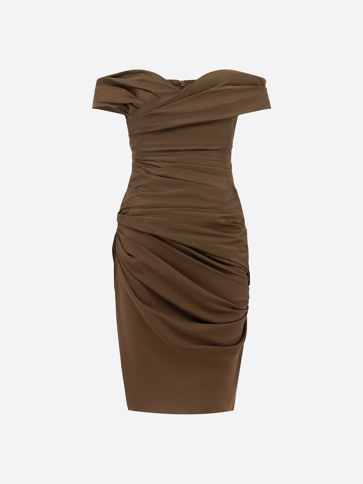 Off shoulder Tucked Dress in Taffeta & Georgette - d1851re27-off-shoulder-tucked-dress-in-taffeta-georgette-chocolate-11.jpg