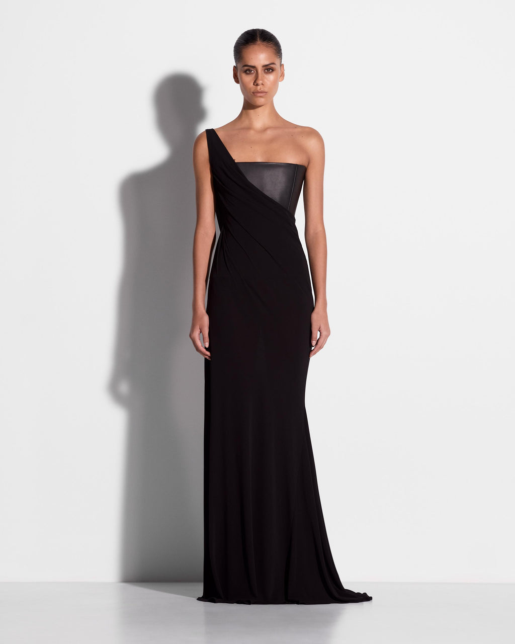 One Shoulder Asymmetric Gown in Leather & Jersey