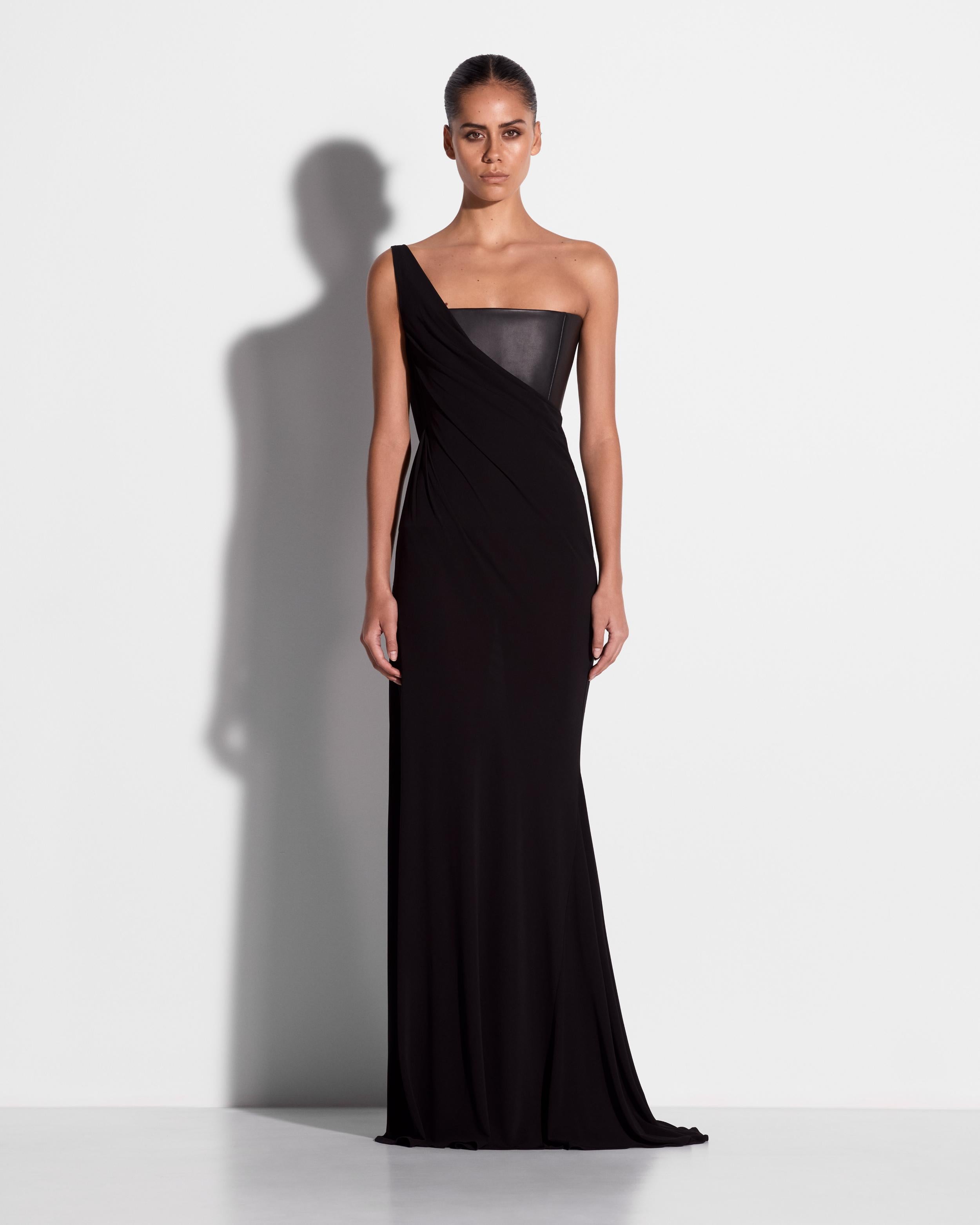 One Shoulder Asymmetric Gown in Leather & Jersey